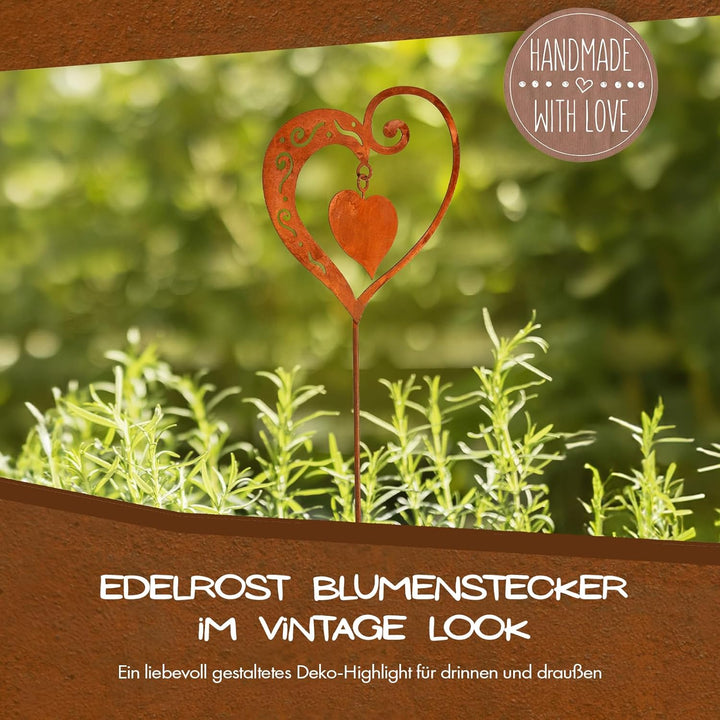 Rostikal Gartenstecker Deko Herz 62 cm – Blumenstecker aus Metall für Garten und Blumenbeete – Handg