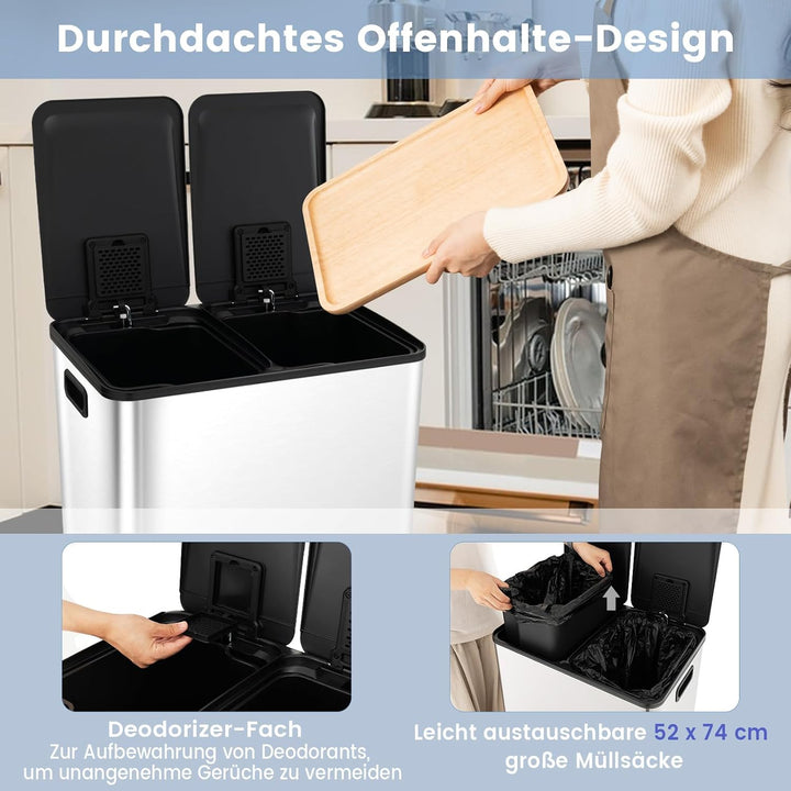 COSTWAY Mülleimer 2 Fächer, 2 x 30L Abfalleimer Küche, Tretmülleimer mit sanft schliessendem Deckel,