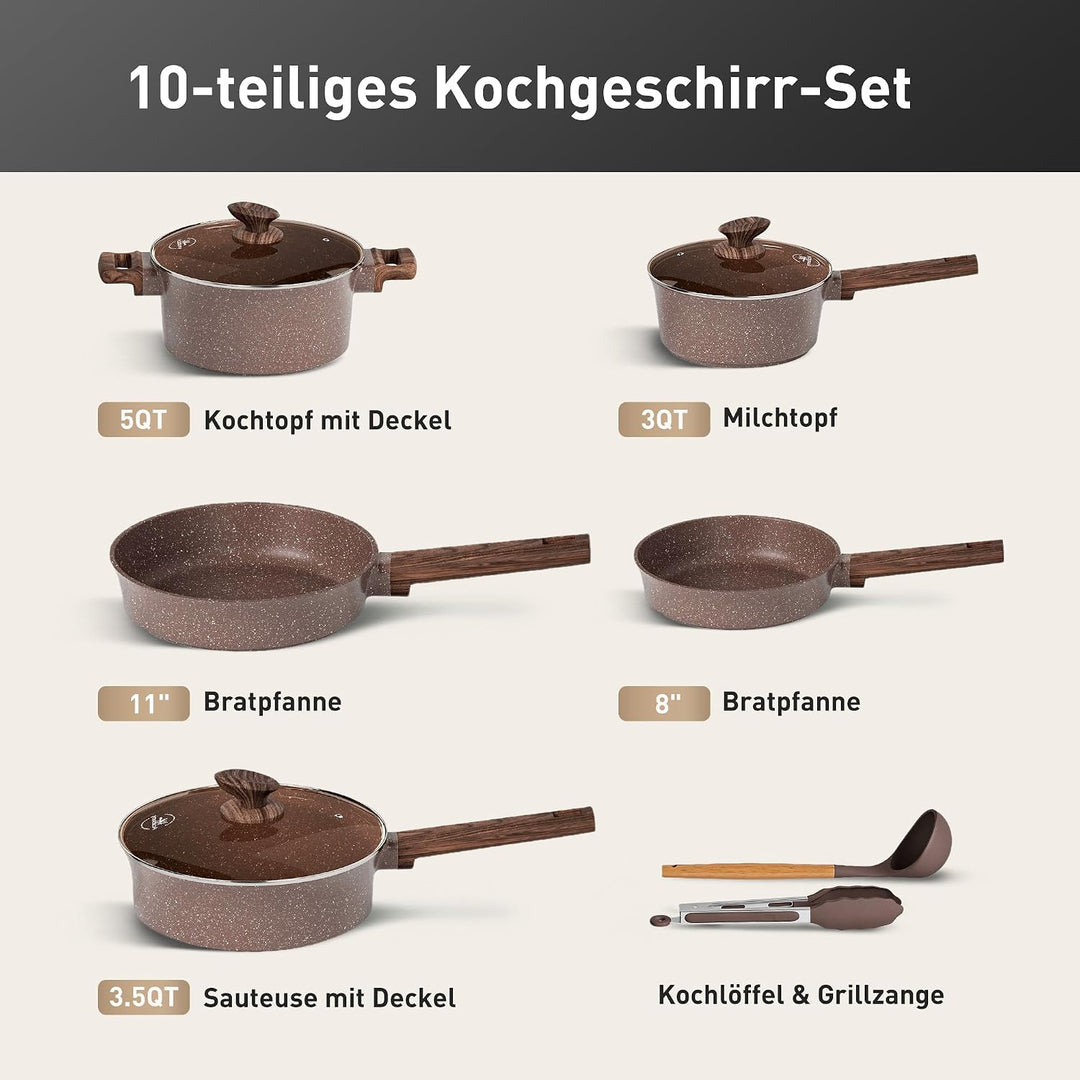 Kitchen Academy Antihaft Topfset Induktion mit Glasdeckel Braun 10tlg