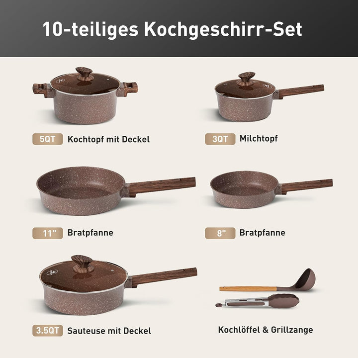 Kitchen Academy Antihaft Topfset Induktion mit Glasdeckel Braun 10tlg