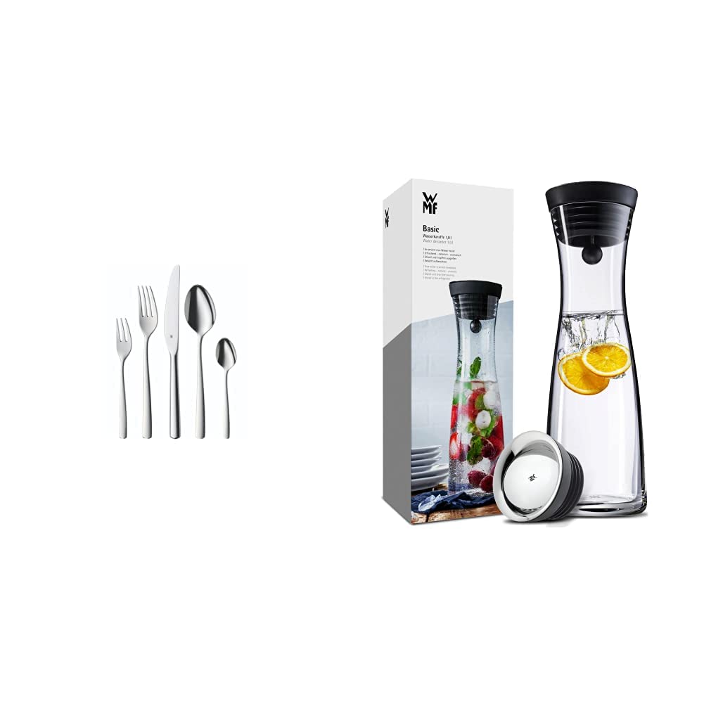WMF Boston Besteck Set 12 Personen, Essbesteck 60 teilig, Monobloc-Messer & Basic Wasserkaraffe aus