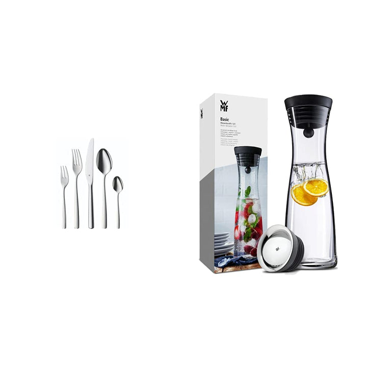 WMF Boston Besteck Set 12 Personen, Essbesteck 60 teilig, Monobloc-Messer & Basic Wasserkaraffe aus