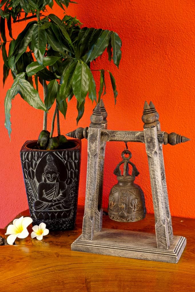 Tempel Glocke mit Stativ - Bronze Glocke - Massivholz - thailändische Dekoration - 30cm Stativ