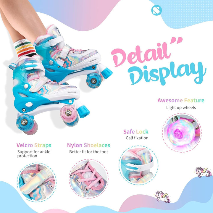 SULIFEEL Rainbow Unicorn Verstellbare Rollschuhe für Kinder mit Leuchtenden Rädern für Mädchen und J