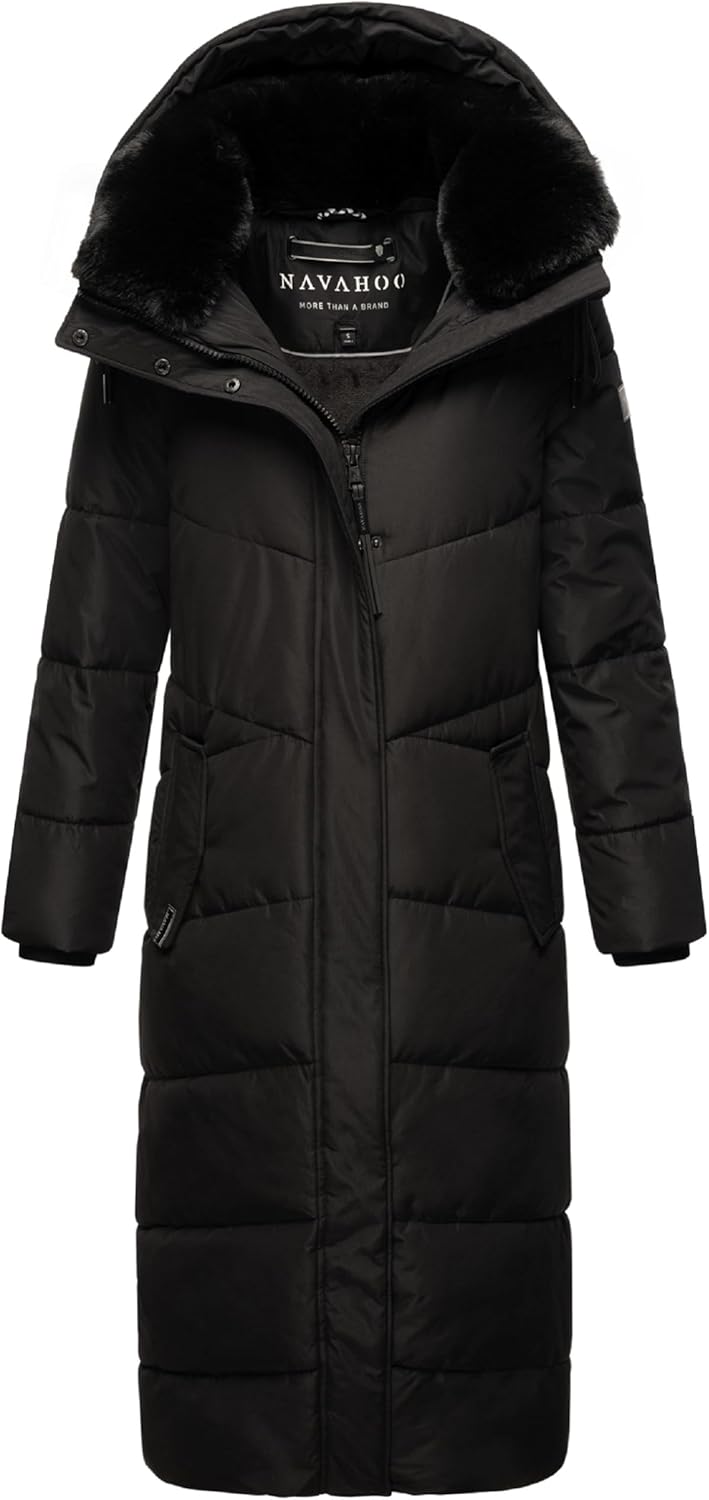 Navahoo Damen Wintermantel Steppmantel extralang mit Abnehmbarer Kapuze Hingucker XIV XS-XXL XS Schw