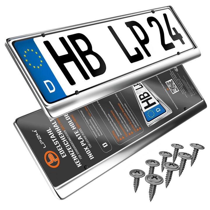 L & P Car Design 2 x Kennzeichenhalter in Edelstahl poliert - 100% Edelstahl -auch passend für gebog