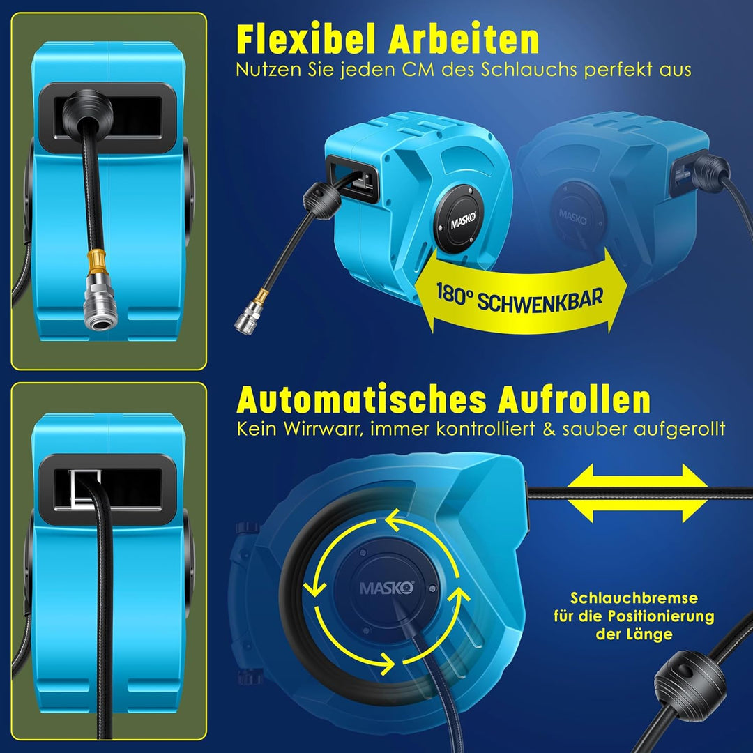 MASKO® Automatik Druckluftschlauch Aufroller 10m – Schlauchtrommel mit 1/4" Anschluss, Schlauchaufro
