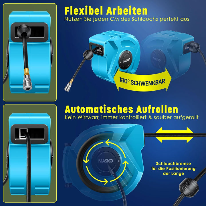 MASKO® Automatik Druckluftschlauch Aufroller 10m – Schlauchtrommel mit 1/4" Anschluss, Schlauchaufro