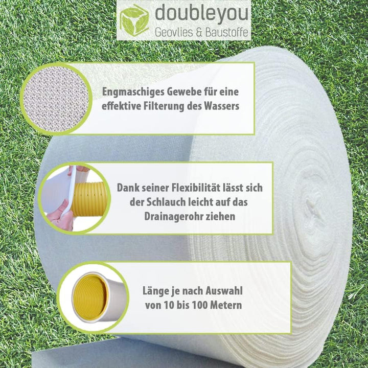 Doubleyou Geovlies & Baustoffe Drainagevlies 20m | Filterstrumpf für Drainagerohre | DN100/DN80 | Fi