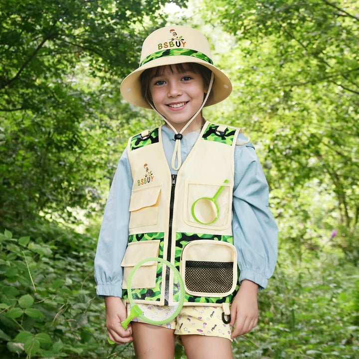 Forscherset für Kinder 4Pcs Exploration Spielzeug mit Frachtweste Hut Insektennetz und Lupe Outdoor