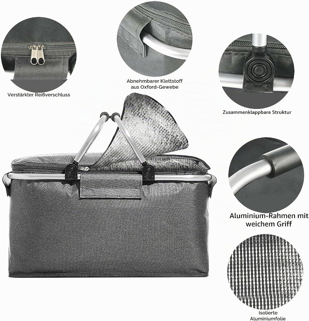 Picknickkorb 25L Einkaufskorb Faltbar Gross Picknickkorb Kühlkorb Einkaufskorb mit Deckel Tragekorb
