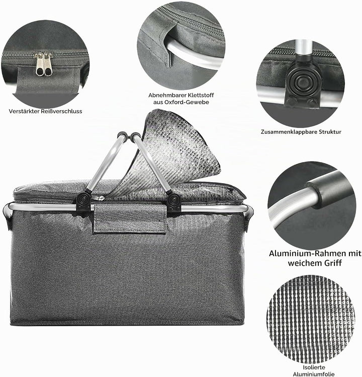 Picknickkorb 25L Einkaufskorb Faltbar Gross Picknickkorb Kühlkorb Einkaufskorb mit Deckel Tragekorb