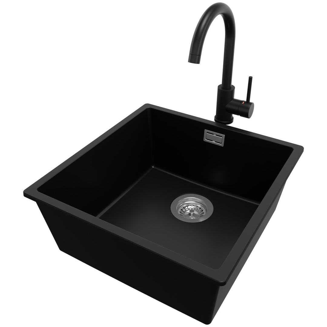 Spülbecken Schwarz 46 x 47 cm, Granitspüle 1 Becken + Ablauf-Set + Küchenarmatur, Einbauspüle ab 50e