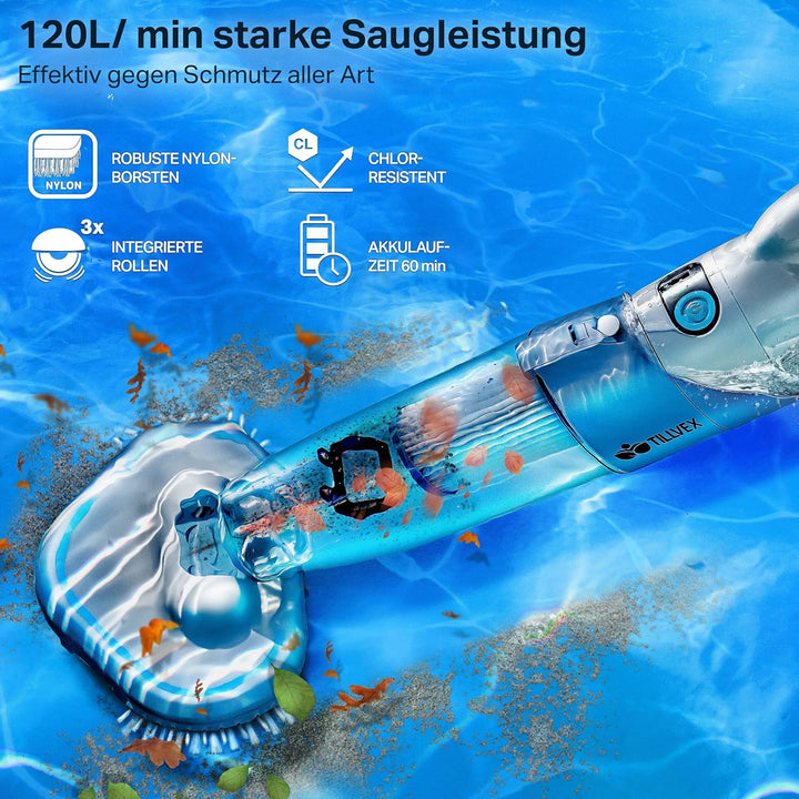 tillvex Poolsauger mit Akku | Pool Bodensauger Teleskopstange elektrisch | Poolreiniger mit Filter &amp;