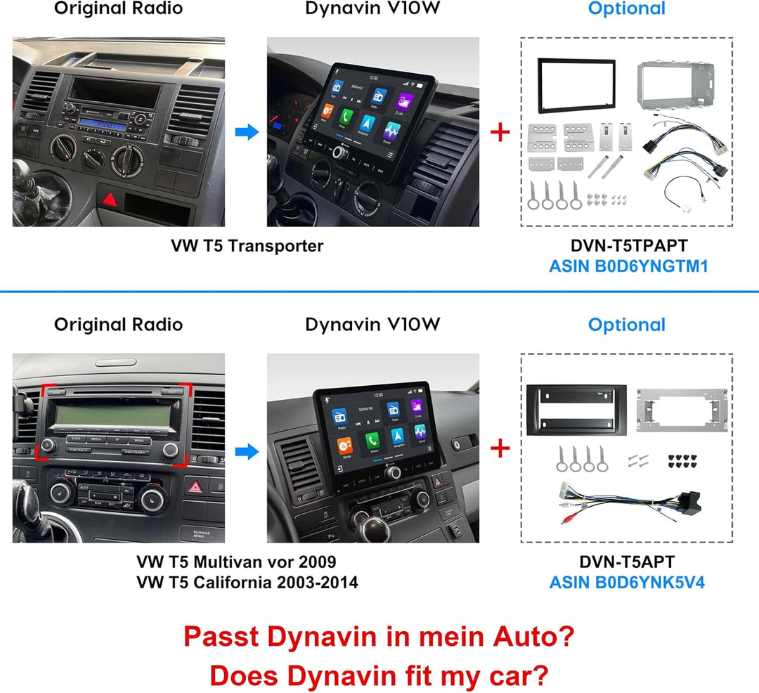 DYNAVIN Android Autoradio Navi für VW T5 T6 Caddy Tiguan Sharan Skoda, 10,1 Zoll Radio mit Wireless