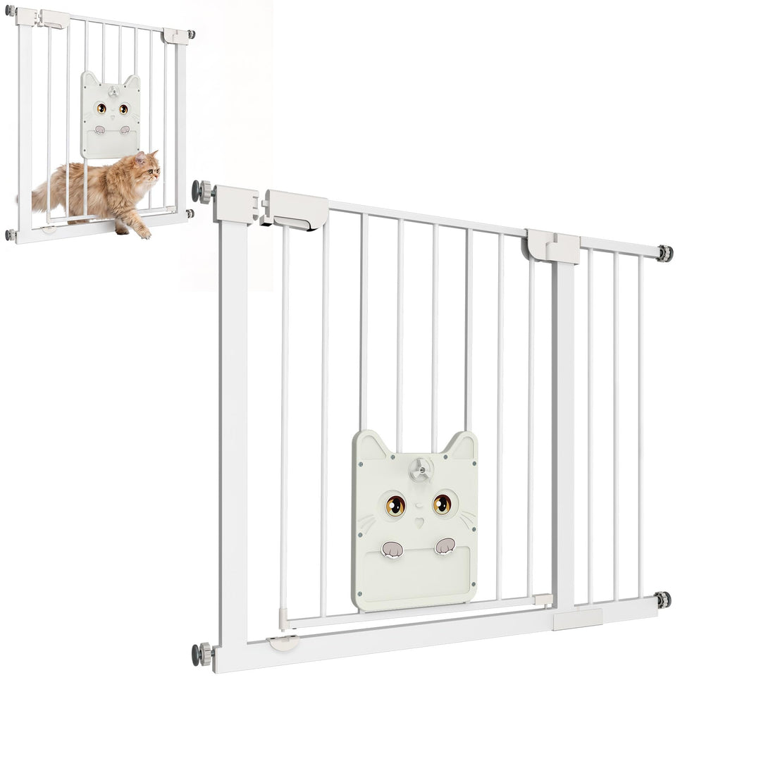 XMTECH Türschutzgitter mit Katzenklappe, ohne Bohren Weiss 95-105cm | Selbstschliessend mit 90° Stop