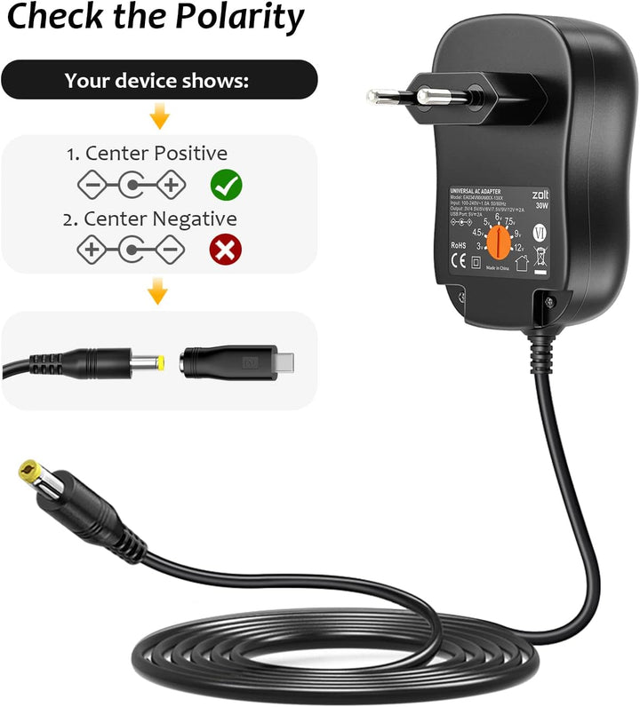 Zolt Universal AC zu DC 3V 4.5V 5V 6V 7.5V 9V 12V 2A Netzteil mit 5V 2A USB Port und 10 DC Steckern