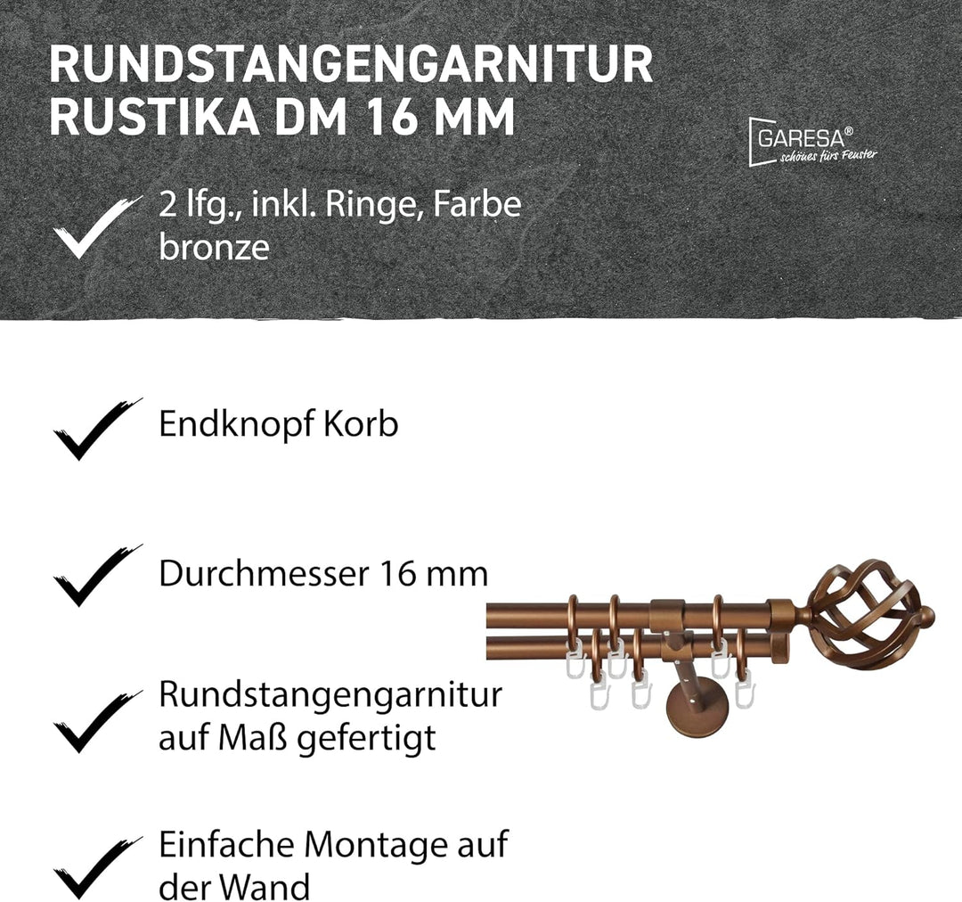Garesa Gardinenstange Rustika Ø 16mm, 2-läufig, Bronze I Rustikale Vorhangstange aus Metall inkl. Ri