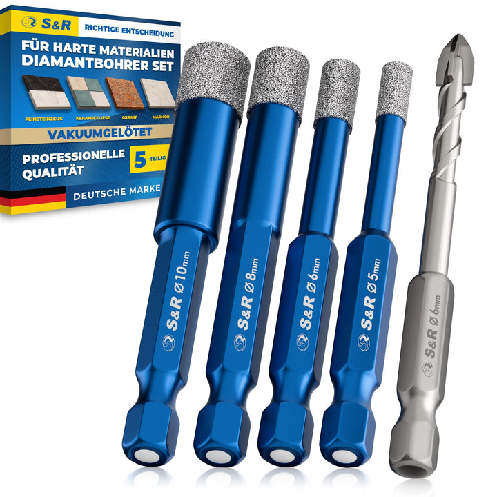 S&amp;R Diamantbohrer, Fliesenbohrer, Glasbohrer Set 4-tlg. 5, 6, 8, 10 mm, Sechskant-Schaft, für Kerami