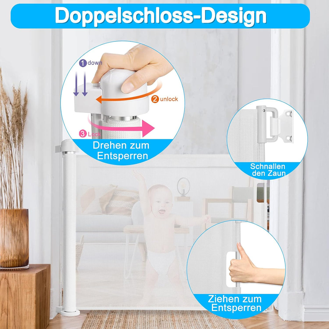 XMTECH Türschutzgitter Ausziehbar Treppenschutzgitter 0-180cm Weiss Einziehbares Treppenschutzrollo,