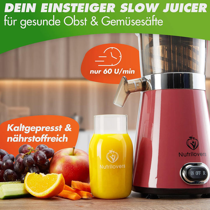 NUTRI-PRESS Slow Juicer Obst & Gemüse Entsafter Saftpresse elektrisch, 2 Einfüllöffnungen, Sehr Leis