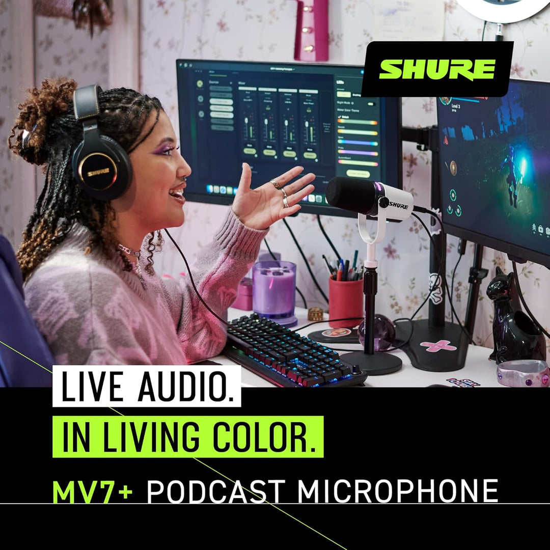 Shure MV7+ Podcast Mikrofon-Verbessertes Audio, LED-Touchpanel, USB-C- und XLR-Ausgänge, Auto-Level-