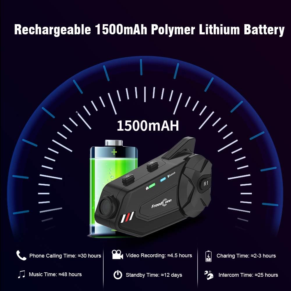 Motorrad-Bluetooth-Headset mit Kamera, R1plus Helmsprechanlage, 6-Wege, 1000 m, wasserdicht, drahtlo
