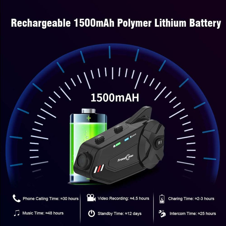 Motorrad-Bluetooth-Headset mit Kamera, R1plus Helmsprechanlage, 6-Wege, 1000 m, wasserdicht, drahtlo