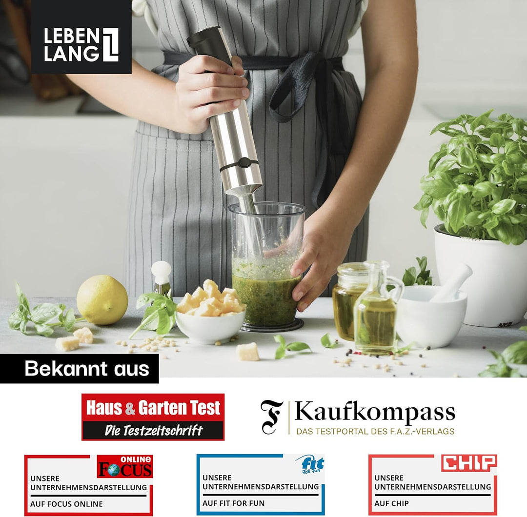 LEBENLANG 1200W Stabmixer Edelstahl - Inkl. 800ml Messbecher & Spritzschutz I Stufenlos verstellbar