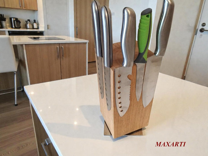 360°Drehbarer Messerblock onhe Messern, magnetisch Eicheh Holz, Messerständer, Messer Halter Küche,