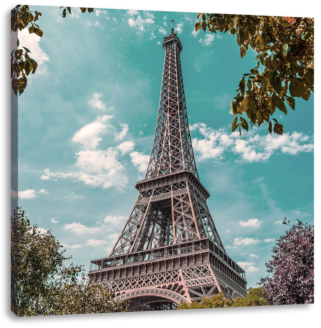Eifelturm Paris, Format: 70x70 auf Leinwand, XXL riesige Bilder fertig gerahmt mit Keilrahmen, Kunst