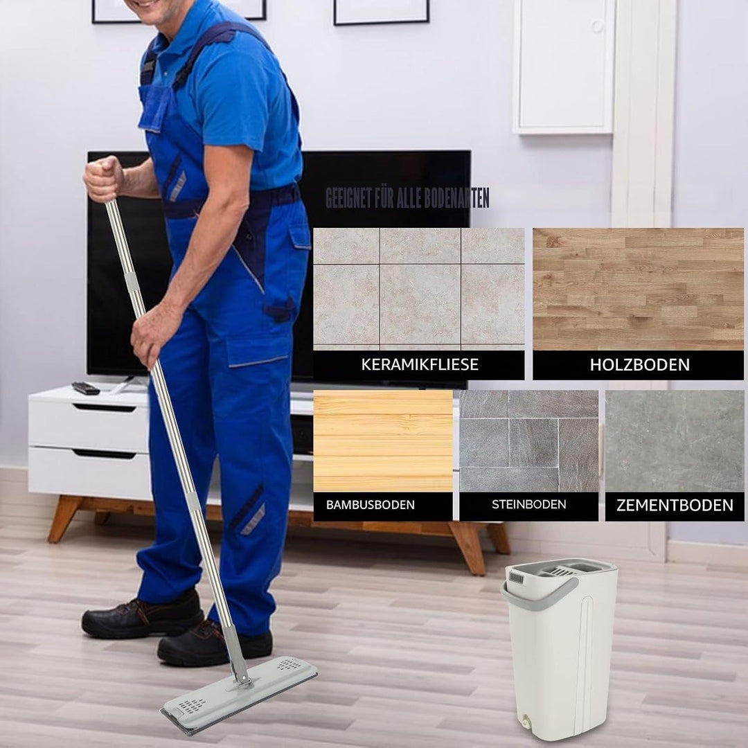 ASelected Flaches Mopp- und Eimer-Set, freihändiger Quetschmopp mit 10 wiederverwendbaren Mikrofaser