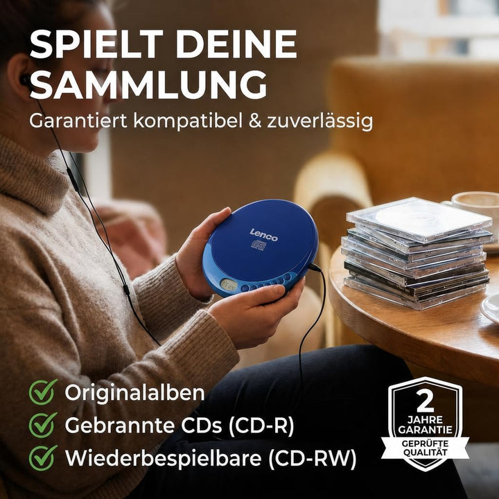 Lenco CD-011 - Tragbarer CD-Player Walkman - Diskman - CD Walkman - Mit Kopfhörern und Micro USB Lad