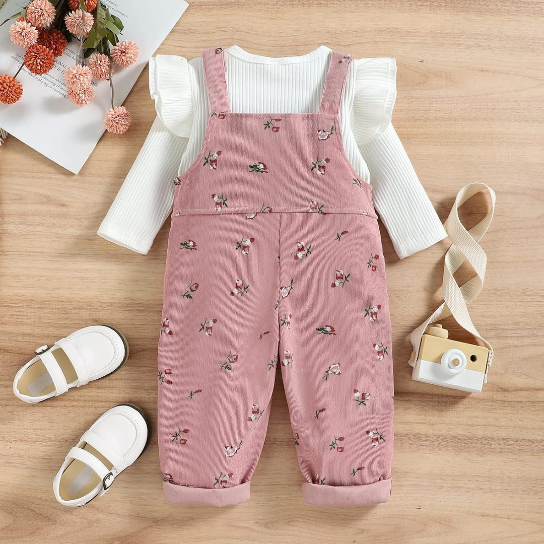 Baby Mädchen Kleidung Rippstrick Langärmelig Oberteile Blumenmuster Hosenträgerhose mit Tasche Outfi