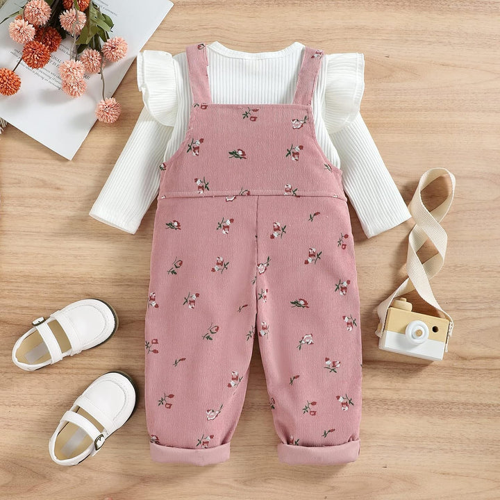 Baby Mädchen Kleidung Rippstrick Langärmelig Oberteile Blumenmuster Hosenträgerhose mit Tasche Outfi