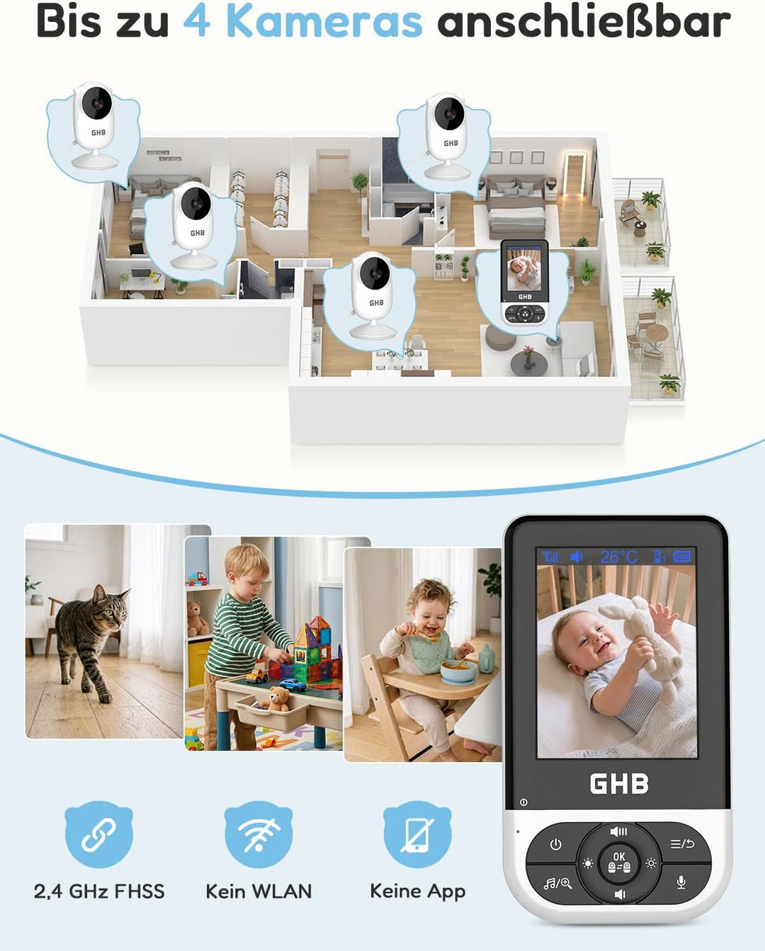 GHB Babyphone mit Kamera Baby Monitor 2,8 Zoll Schwarz | VOX-Modus Max. 35 Std, Infrarot-Nachtsicht,