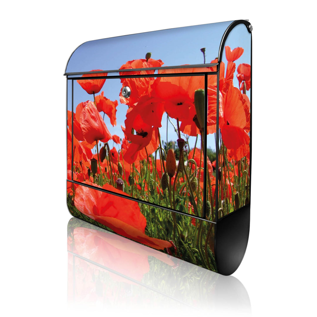 banjado® Design Briefkasten mit Motiv Mohnblumen 39x47x14cm &amp; 2 Schlüssel - Briefkasten Stahl schwar