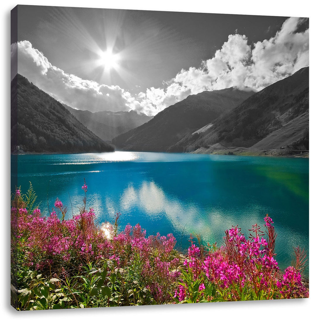 Pixxprint Blumenwiese See als Leinwandbild/Grösse: 70x70 cm/Wandbild/Kunstdruck/fertig bespannt, 70x