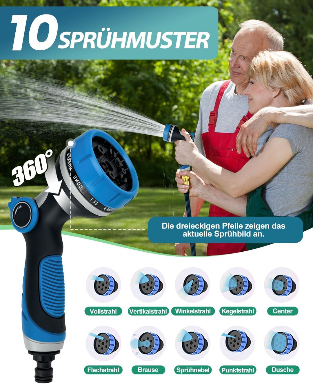 Flexibler Gartenschlauch 15M/50FT, Wasserschlauch 3/4 zoll und 1/2 zoll mit 10-Funktions-Düse, dehnb