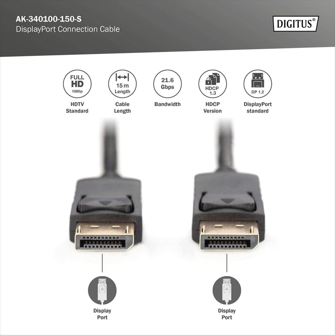 DIGITUS DisplayPort Anschlusskabel, DP St/St, 15.0m, m/interlock, Full HD 1080p - Schwarz Polybag 15