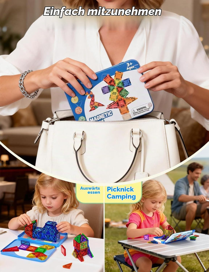 Magnetische Fliesen 42 Stück, Mini Magnetbausteine ReiseSet, Magnetbausteine für Kinder Kreatives Sp