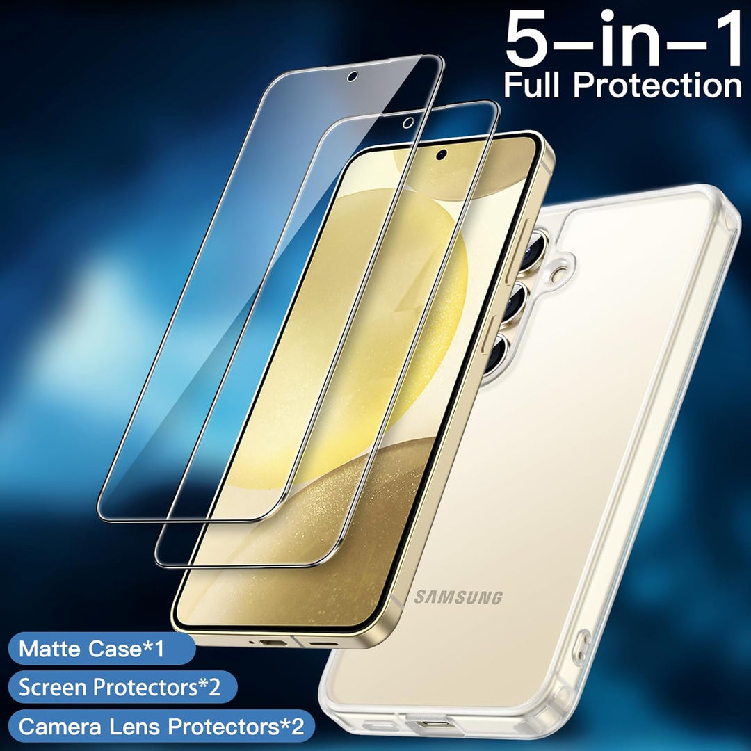 JETech 5 in 1 Matt Hülle für Samsung Galaxy S24 5G mit 2 Stück Schutzfolie und Kameraschutz, Translu