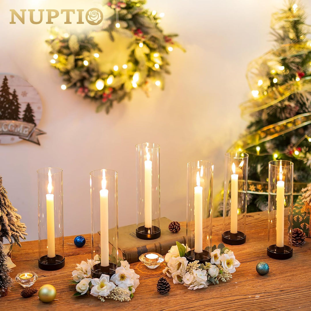 NUPTIO Glaszylinder Kerzen Kerzenhalter Schwarz: 30cm Satz von 2 Klarglas Metall Kerzenständer Stabk