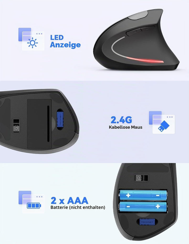 TECKNET Wireless Vertikale Ergonomische Maus 4800 DPI Schwarz, 4800 DPI Schwarz