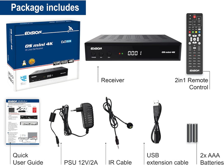 EDISION OS Mini 4K S2X - Linux E2 SAT Receiver H.265/HEVC (1x DVB-S2X, Multistream, Blind Scan, 4K 2