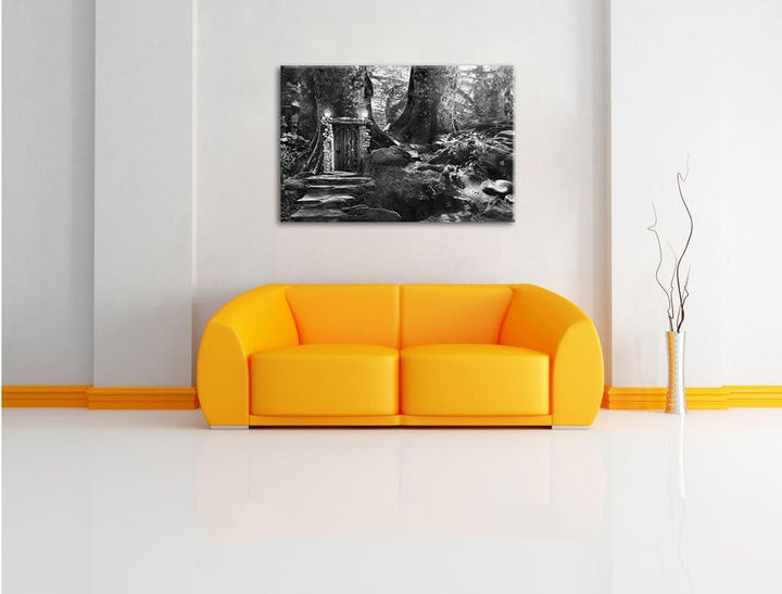 Pixxprint Geheimes Tor im Wald / 100x70cm Leinwandbild bespannt auf Holzrahmen/Wandbild Kunstdruck D