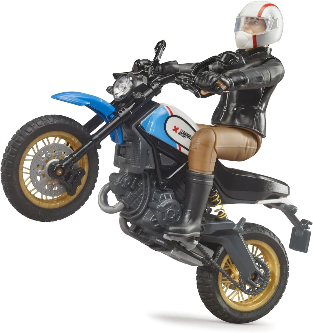 bruder 63051 - Scrambler Ducati Desert Sled mit Fahrer - 1:16 Motorrad Spielzeug-Figur Motorcross Ha