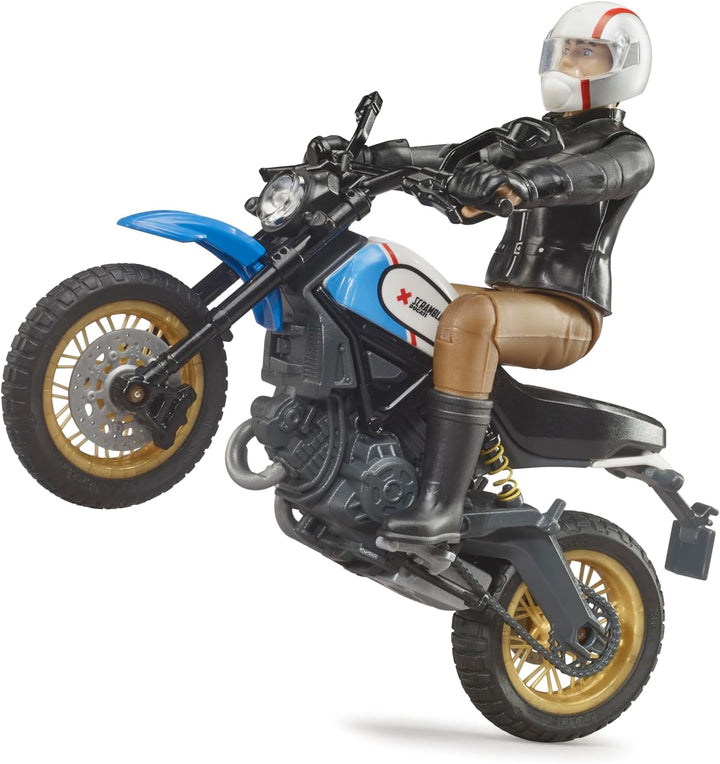 bruder 63051 - Scrambler Ducati Desert Sled mit Fahrer - 1:16 Motorrad Spielzeug-Figur Motorcross Ha