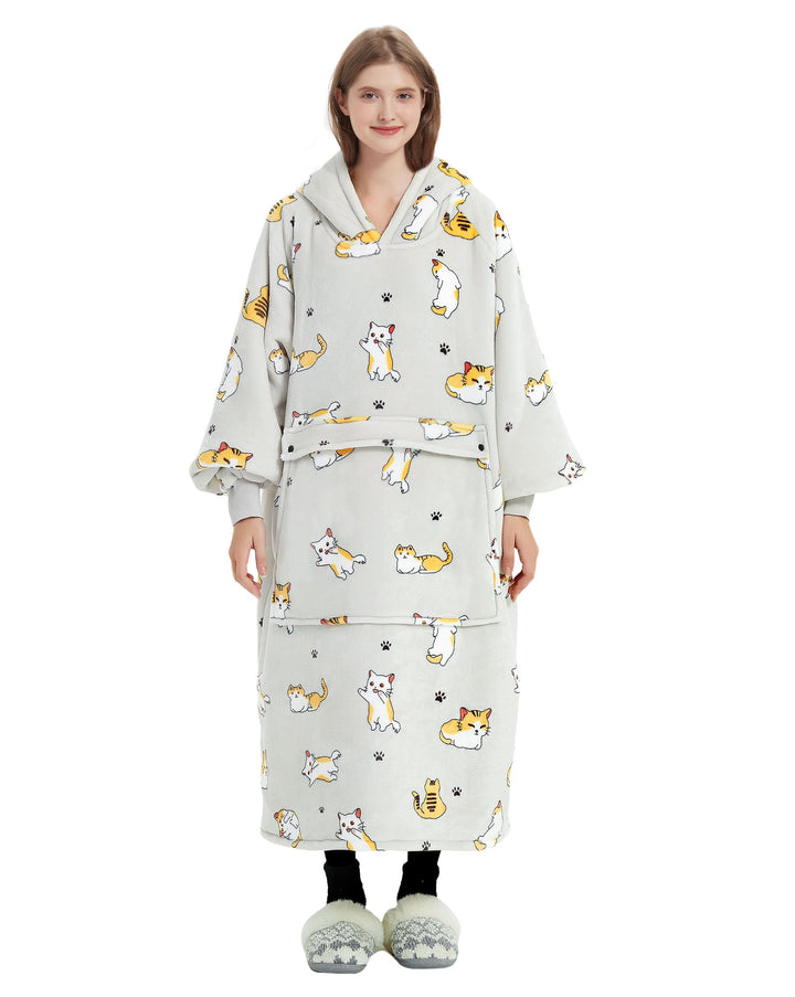 KFUBUO Tragbare Decke Hoodie für Erwachsene Sherpa Alle Muster Katze Übergrosse Sweatshirt Decke mit