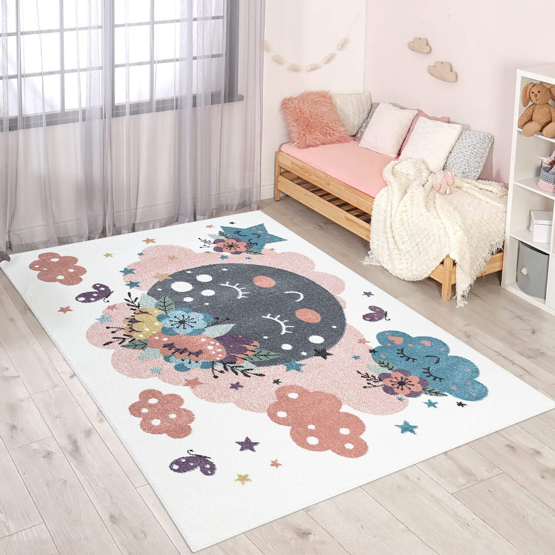 carpet city Teppich Kinderzimmer Mond - Creme, Multi - 160x230 cm - Kinderteppich Kurzflor mit Wolke